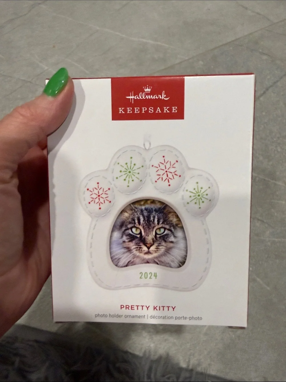 Hallmark Pretty Kitty Paw Photo Ornament in White with Red and Green Accents